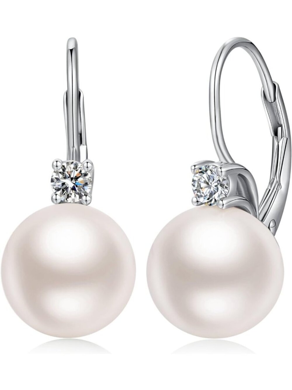 Elegant 925 Sterling Silver Pearl Leverback Earrings with Cubic Zirconia, 10MM